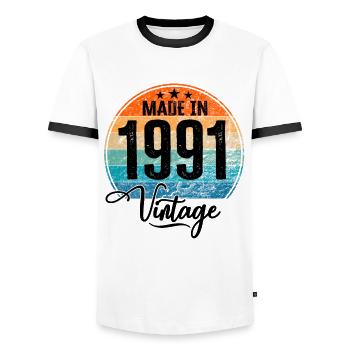 Millésime Fabriqué en 1991 Année de naissance 1991 Anniversaire - T-shirt contrasté Homme - blanc/noir - Devant - AI Model Female 172 light (172cm) & AI Model Male 178 dark (178cm)