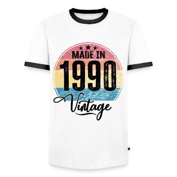 Vintage Made in 1990 Year of birth 1990 Birthday - Men's Ringer Shirt - white/black - Front - AI Model Female 172 light (172cm) & AI Model Male 178 dark (178cm)