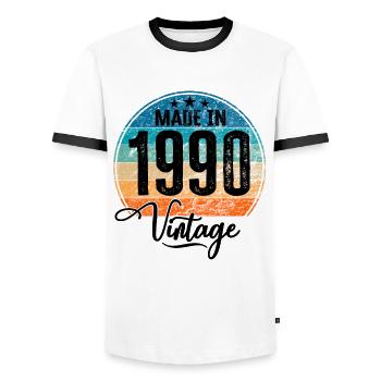 Vintage Made in 1990 Year of birth 1990 Birthday - Men's Ringer Shirt - white/black - Front - AI Model Female 172 light (172cm) & AI Model Male 178 dark (178cm)