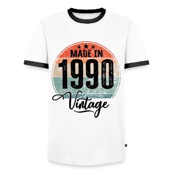 Vintage Made in 1990 Year of birth 1990 Birthday - Men's Ringer Shirt - white/black - Front - AI Model Female 172 light (172cm) & AI Model Male 178 dark (178cm)