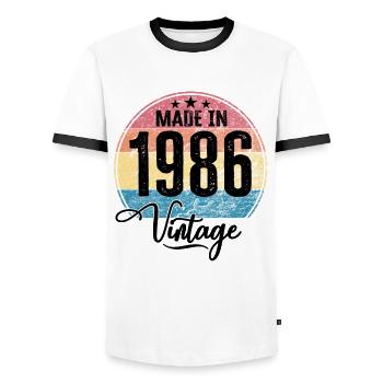 Millésime Fabriqué en 1986 Année de naissance 1986 Anniversaire - T-shirt contrasté Homme - blanc/noir - Devant - AI Model Female 172 light (172cm) & AI Model Male 178 dark (178cm)