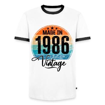 Millésime Fabriqué en 1986 Année de naissance 1986 Anniversaire - T-shirt contrasté Homme - blanc/noir - Devant - AI Model Female 172 light (172cm) & AI Model Male 178 dark (178cm)