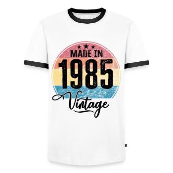 Vintage Made in 1985 Year of birth 1985 Birthday - Men's Ringer Shirt - white/black - Front - AI Model Female 172 light (172cm) & AI Model Male 178 dark (178cm)