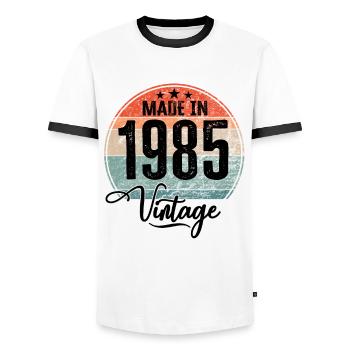 Vintage Made in 1985 Year of birth 1985 Birthday - Men's Ringer Shirt - white/black - Front - AI Model Female 172 light (172cm) & AI Model Male 178 dark (178cm)
