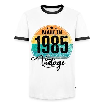 Vintage Made in 1985 Year of birth 1985 Birthday - Men's Ringer Shirt - white/black - Front - AI Model Female 172 light (172cm) & AI Model Male 178 dark (178cm)
