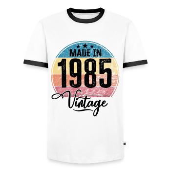 Vintage Made in 1985 Year of birth 1985 Birthday - Men's Ringer Shirt - white/black - Front - AI Model Female 172 light (172cm) & AI Model Male 178 dark (178cm)