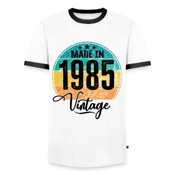Vintage Made in 1985 Year of birth 1985 Birthday - Men's Ringer Shirt - white/black - Front - AI Model Female 172 light (172cm) & AI Model Male 178 dark (178cm)