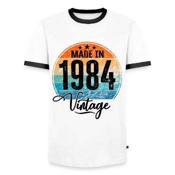 Millésime Fabriqué en 1984 Année de naissance 1984 Anniversaire - T-shirt contrasté Homme - blanc/noir - Devant - AI Model Female 172 light (172cm) & AI Model Male 178 dark (178cm)