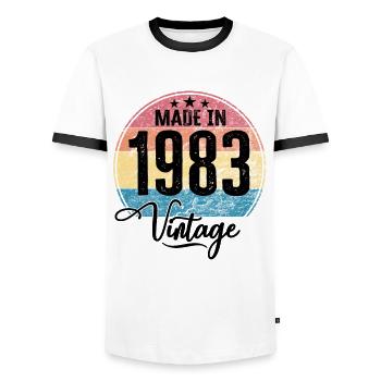 Millésime Fabriqué en 1983 Année de naissance 1983 Anniversaire - T-shirt contrasté Homme - blanc/noir - Devant - AI Model Female 172 light (172cm) & AI Model Male 178 dark (178cm)