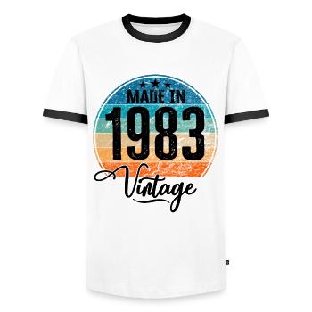 Millésime Fabriqué en 1983 Année de naissance 1983 Anniversaire - T-shirt contrasté Homme - blanc/noir - Devant - AI Model Female 172 light (172cm) & AI Model Male 178 dark (178cm)