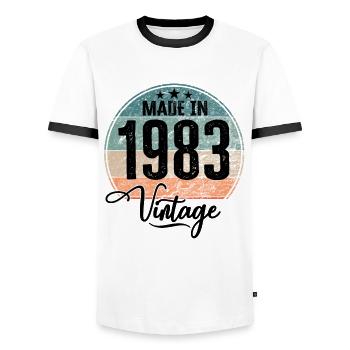 Millésime Fabriqué en 1983 Année de naissance 1983 Anniversaire - T-shirt contrasté Homme - blanc/noir - Devant - AI Model Female 172 light (172cm) & AI Model Male 178 dark (178cm)