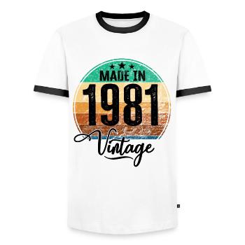 Vintage Made in 1981 Year of birth 1981 Birthday - Men's Ringer Shirt - white/black - Front - AI Model Female 172 light (172cm) & AI Model Male 178 dark (178cm)