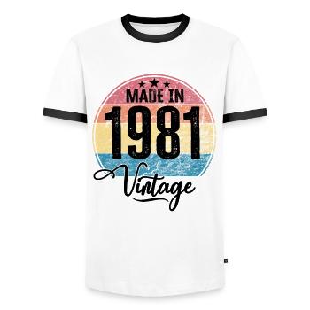 Vintage Made in 1981 Year of birth 1981 Birthday - Men's Ringer Shirt - white/black - Front - AI Model Female 172 light (172cm) & AI Model Male 178 dark (178cm)