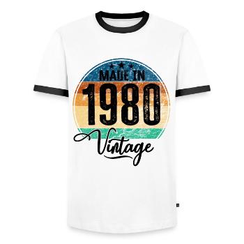 Millésime Fabriqué en 1980 Année de naissance 1980 Anniversaire - T-shirt contrasté Homme - blanc/noir - Devant - AI Model Female 172 light (172cm) & AI Model Male 178 dark (178cm)