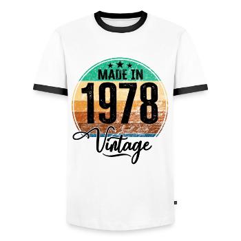 Vintage Made in 1978 Year of birth 1978 Birthday - Men's Ringer Shirt - white/black - Front - AI Model Female 172 light (172cm) & AI Model Male 178 dark (178cm)