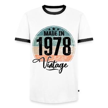 Vintage Made in 1978 Year of birth 1978 Birthday - Men's Ringer Shirt - white/black - Front - AI Model Female 172 light (172cm) & AI Model Male 178 dark (178cm)