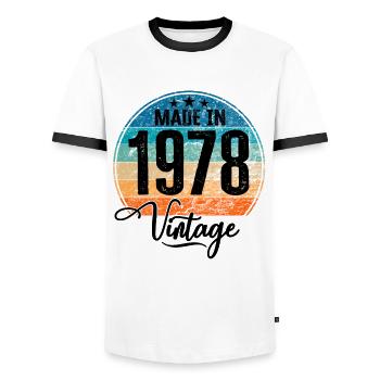 Vintage Made in 1978 Year of birth 1978 Birthday - Men's Ringer Shirt - white/black - Front - AI Model Female 172 light (172cm) & AI Model Male 178 dark (178cm)