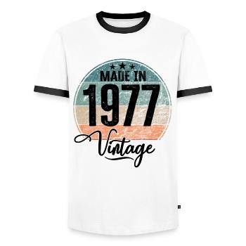 Vintage Made in 1977 Year of birth 1977 Birthday - Men's Ringer Shirt - white/black - Front - AI Model Female 172 light (172cm) & AI Model Male 178 dark (178cm)