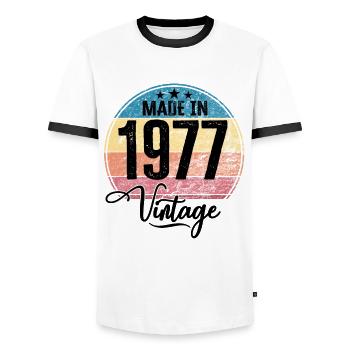 Vintage Made in 1977 Year of birth 1977 Birthday - Men's Ringer Shirt - white/black - Front - AI Model Female 172 light (172cm) & AI Model Male 178 dark (178cm)
