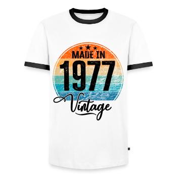 Vintage Made in 1977 Year of birth 1977 Birthday - Men's Ringer Shirt - white/black - Front - AI Model Female 172 light (172cm) & AI Model Male 178 dark (178cm)