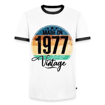 Vintage Made in 1977 Year of birth 1977 Birthday - Men's Ringer Shirt - white/black - Front - AI Model Female 172 light (172cm) & AI Model Male 178 dark (178cm)