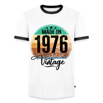 Millésime Fabriqué en 1976 Année de naissance 1976 Anniversaire - T-shirt contrasté Homme - blanc/noir - Devant - AI Model Female 172 light (172cm) & AI Model Male 178 dark (178cm)