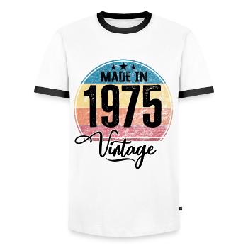 Vintage Made in 1975 Year of birth 1975 Birthday - Men's Ringer Shirt - white/black - Front - AI Model Female 172 light (172cm) & AI Model Male 178 dark (178cm)