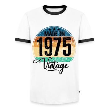 Vintage Made in 1975 Year of birth 1975 Birthday - Men's Ringer Shirt - white/black - Front - AI Model Female 172 light (172cm) & AI Model Male 178 dark (178cm)