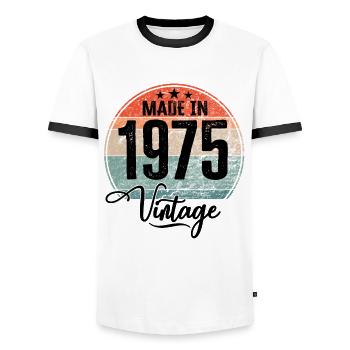 Vintage Made in 1975 Year of birth 1975 Birthday - Men's Ringer Shirt - white/black - Front - AI Model Female 172 light (172cm) & AI Model Male 178 dark (178cm)