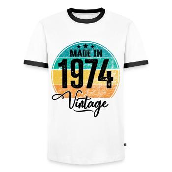 Millésime Fabriqué en 1974 Année de naissance 1974 Anniversaire - T-shirt contrasté Homme - blanc/noir - Devant - AI Model Female 172 light (172cm) & AI Model Male 178 dark (178cm)