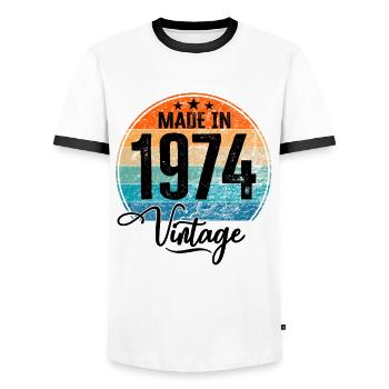 Vintage Made in 1974 Year of Birth 1974 Birthday - Men's Ringer Shirt - white/black - Front - AI Model Female 172 light (172cm) & AI Model Male 178 dark (178cm)