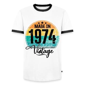 Millésime Fabriqué en 1974 Année de naissance 1974 Anniversaire - T-shirt contrasté Homme - blanc/noir - Devant - AI Model Female 172 light (172cm) & AI Model Male 178 dark (178cm)