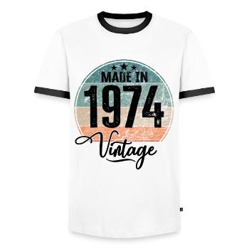 Millésime Fabriqué en 1974 Année de naissance 1974 Anniversaire - T-shirt contrasté Homme - blanc/noir - Devant - AI Model Female 172 light (172cm) & AI Model Male 178 dark (178cm)