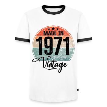 Vintage Made in 1971 Year of birth 1971 Birthday - Men's Ringer Shirt - white/black - Front - AI Model Female 172 light (172cm) & AI Model Male 178 dark (178cm)