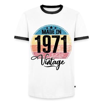 Vintage Made in 1971 Year of birth 1971 Birthday - Men's Ringer Shirt - white/black - Front - AI Model Female 172 light (172cm) & AI Model Male 178 dark (178cm)