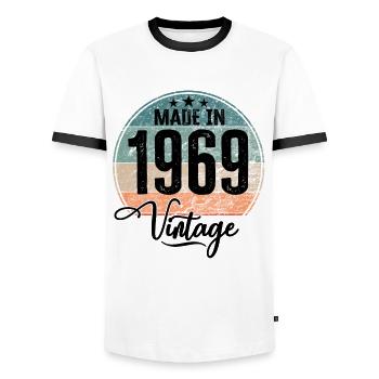 Vintage Made in 1969 Year of birth 1969 Birthday - Men's Ringer Shirt - white/black - Front - AI Model Female 172 light (172cm) & AI Model Male 178 dark (178cm)