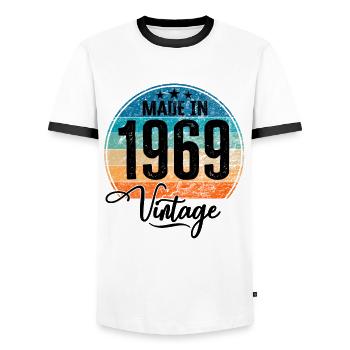 Vintage Made in 1969 Year of birth 1969 Birthday - Men's Ringer Shirt - white/black - Front - AI Model Female 172 light (172cm) & AI Model Male 178 dark (178cm)