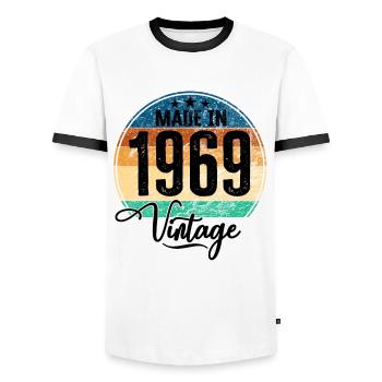 Vintage Made in 1969 Year of birth 1969 Birthday - Men's Ringer Shirt - white/black - Front - AI Model Female 172 light (172cm) & AI Model Male 178 dark (178cm)