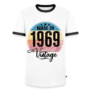 Vintage Made in 1969 Year of birth 1969 Birthday - Men's Ringer Shirt - white/black - Front - AI Model Female 172 light (172cm) & AI Model Male 178 dark (178cm)