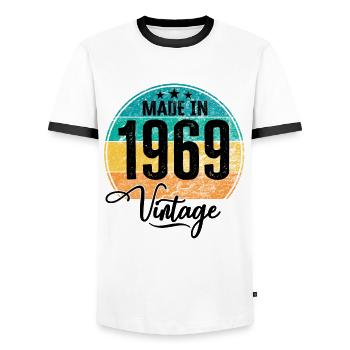 Vintage Made in 1969 Year of birth 1969 Birthday - Men's Ringer Shirt - white/black - Front - AI Model Female 172 light (172cm) & AI Model Male 178 dark (178cm)