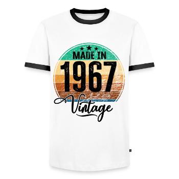 Vintage Made in 1967 Year of birth 1967 Birthday - Men's Ringer Shirt - white/black - Front - AI Model Female 172 light (172cm) & AI Model Male 178 dark (178cm)