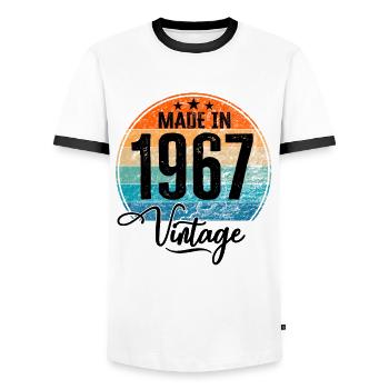 Vintage Made in 1967 Year of birth 1967 Birthday - Men's Ringer Shirt - white/black - Front - AI Model Female 172 light (172cm) & AI Model Male 178 dark (178cm)