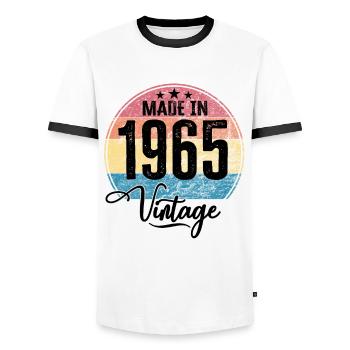 Millésime Fabriqué en 1965 Année de naissance 1965 Anniversaire - T-shirt contrasté Homme - blanc/noir - Devant - AI Model Female 172 light (172cm) & AI Model Male 178 dark (178cm)