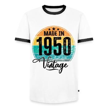 Millésime Fabriqué en 1950 Année de naissance 1950 Anniversaire - T-shirt contrasté Homme - blanc/noir - Devant - AI Model Female 172 light (172cm) & AI Model Male 178 dark (178cm)