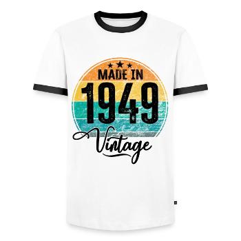 Vintage Made in 1949 Year of birth 1949 Birthday - Men's Ringer Shirt - white/black - Front - AI Model Female 172 light (172cm) & AI Model Male 178 dark (178cm)