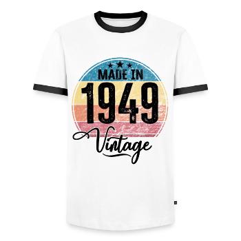 Vintage Made in 1949 Year of birth 1949 Birthday - Men's Ringer Shirt - white/black - Front - AI Model Female 172 light (172cm) & AI Model Male 178 dark (178cm)