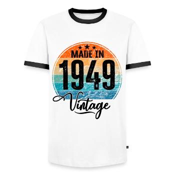 Vintage Made in 1949 Year of birth 1949 Birthday - Men's Ringer Shirt - white/black - Front - AI Model Female 172 light (172cm) & AI Model Male 178 dark (178cm)