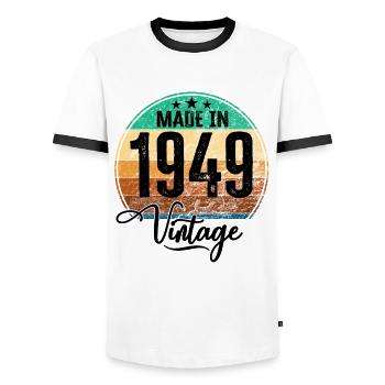Vintage Made in 1949 Year of birth 1949 Birthday - Men's Ringer Shirt - white/black - Front - AI Model Female 172 light (172cm) & AI Model Male 178 dark (178cm)