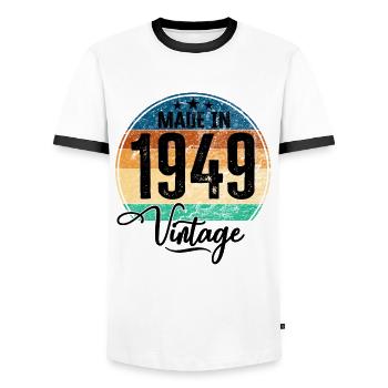 Vintage Made in 1949 Year of birth 1949 Birthday - Men's Ringer Shirt - white/black - Front - AI Model Female 172 light (172cm) & AI Model Male 178 dark (178cm)