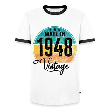 Millésime fabriqué en 1948 Année de naissance 1948 Anniversaire - T-shirt contrasté Homme - blanc/noir - Devant - AI Model Female 172 light (172cm) & AI Model Male 178 dark (178cm)